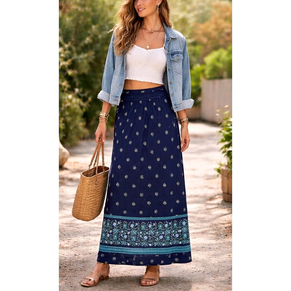 Tacera Maxi Skirt L‎ Navy Floral Fold Over Waist Stretch Boho Cottagecore